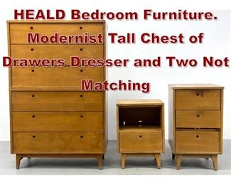 Lot 1065 3pc FRENCH and HEALD Bedroom Furniture. Modernist Tall Chest of Drawers Dresser and Two Not Matching