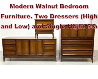 Lot 1082 3pc DIXIE American Modern Walnut Bedroom Furniture. Two Dressers High and Low and Single Night Sta