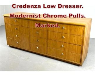 Lot 1092 FOUNDERS Credenza Low Dresser. Modernist Chrome Pulls. Marked. 