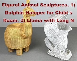 Lot 1125 2pc Woven Wicker Figural Animal Sculptures. 1 Dolphin Hamper for Child s Room. 2 Llama with Long N