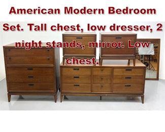 Lot 1163 5pc Stanley American Modern Bedroom Set. Tall chest, low dresser, 2 night stands, mirror. Low chest.