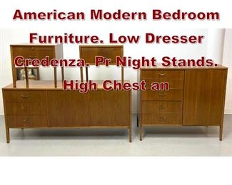 Lot 1170 5pc FURNETTE American Modern Bedroom Furniture. Low Dresser Credenza. Pr Night Stands. High Chest an