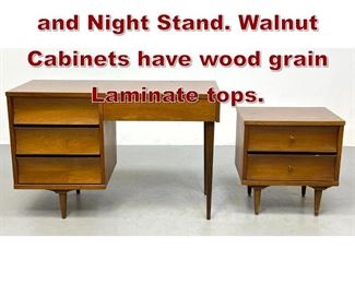 Lot 1174 2pc Modernist Desk and Night Stand. Walnut Cabinets have wood grain Laminate tops.