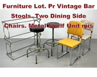 Lot 1184 5pc Modern Design Furniture Lot. Pr Vintage Bar Stools. Two Dining Side Chairs. Metal Shelf Unit mis