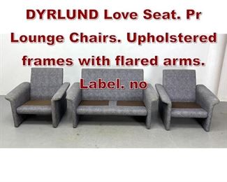 Lot 1187 3pc Set Danish DYRLUND Love Seat. Pr Lounge Chairs. Upholstered frames with flared arms. Label. no 