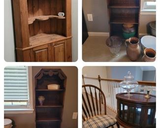 Pine corner cabinet,  antique small matching bookshelves, chair and curio cabinet