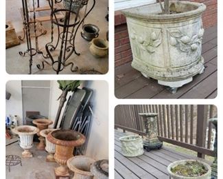 Old and new wrought iron plant stands, concrete planters  and cast iron urn planters