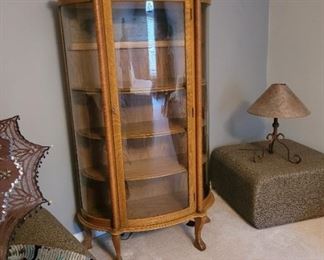 bow front curio cabinet oak, matching ottomans
