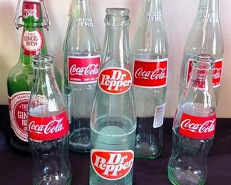 Glass coke bottles, vintage Dr. Pepper bottle