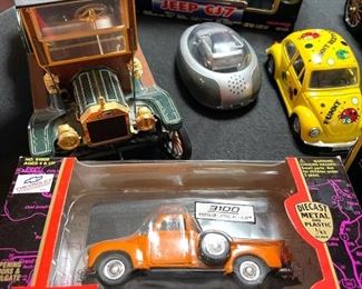 Matchbox Jeep Willy's, Road Champs 3100, 1953 Chevy pickup (2), Racing Champions, 1950 Chevy 3100, Maisto diecast 1962 Chevrolet Bel Air, Nikko Mini Cooper radio controller, Small Mini Cooper pull back, Road Champs 1953 Chevy 3100, Woody station wagon, 1913 Ford Model T Pickup (2), Jeep CJ7, Volkswagon Bug