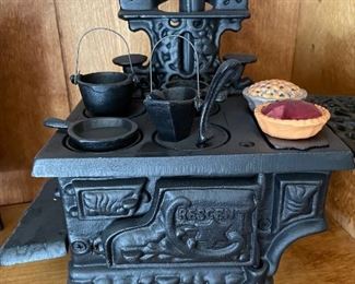 Cast mini iron pie safe with pies and accessories, Small egg cast iron pans (2), Vintage mini "rescent" cast iron stove with kettle, pots, pans