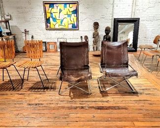 -Two original Arthur Umanoff slat chairs (front left) **
-Two original Takeshi Nii leather & chrome chairs (front right) **
-Three original Eames molded plywood DCM chairs. (Back right)
**

**Highest offer.