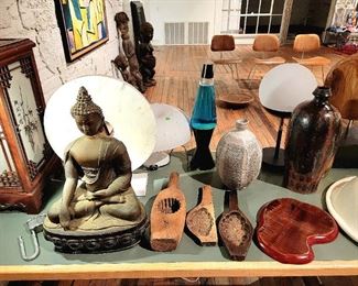 -Antique Japanese Kashigata carved wood cookie molds
-Chinese wood and glass working lamp
-mix of vintage Chinese and Japanese studio pottery