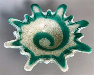 White And Clear Glass Murano Glass Ash Tray With Gold Dust And Green Glass Accent