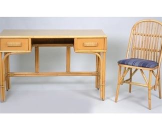 Mid Century Rattan Desk And Chair Possibly By Ritts Tropitan