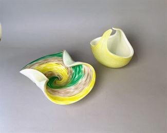 Murano Glass Bowl In Yellows And Greens And Yellow Basket
