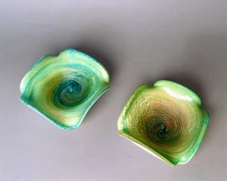 Pair Of Murano Glass Ash Trays In Greens And Yellows
