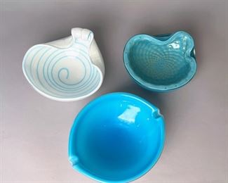 Two Blue Murano Glass Bowls And One Blue Murano Glass Ash Tray
