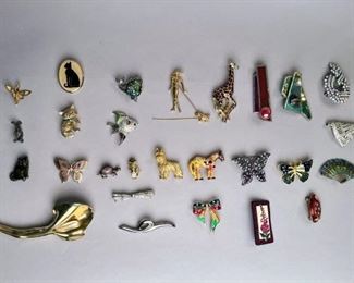 Group Of 27 Animal-Themed And Abstract Costume Jewelry Pins