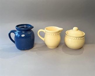 Yellow Ceramic Sugar Bowl And Cream With Blue Earthenware Pitcher
