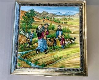 Persian 84 Silver Box With Scene Of Persian Farm Family In The Foothills Of The Zagros Mountains, 20th Century
