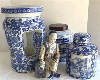 03 Blue White Ceramics  Stool, 2 Canisters, 1 Figurine