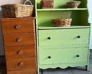 Antique Childs Dresser And Bookcase With Vintage Nightstand And Basket Collection