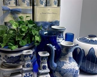 Asian Blue And White Ceramic Decor, Blue Art Glass Vases And Drawer Liners