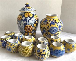 Blue White Ceramics  1 Vase, 1 Italian Jar, 11 Tea Light Holders