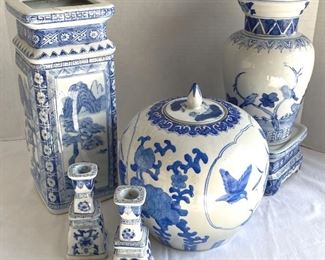 Blue White Ceramics  2 Vases, 1 Pedestal, 1 Canister, 1 Pair Candlesticks