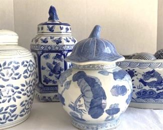 Blue White Ceramics  3 Canisters, 1 TureenPlanter, 10 Decorative Balls