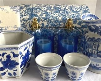 Blue White Ceramics  3 Flower Pots, 1 Pitcher, 2 Blue Glass Hurricanes, Photo Album, Storage Chest