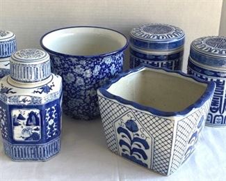 Blue White Ceramics  4 Canisters  2 Flower Pots