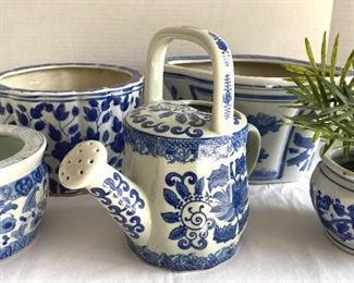 Blue White Ceramics  4 Flower Pots, 1 Watering Can