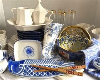 Blue White Ceramics  Dishes, Tea, Dessert, Champagne For 4, Tea Towels,  More