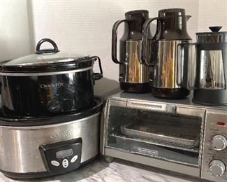 Crockpots, 1 Nearly New Toaster Oven, 1 Bodum French Press, 2 Coffee Pots