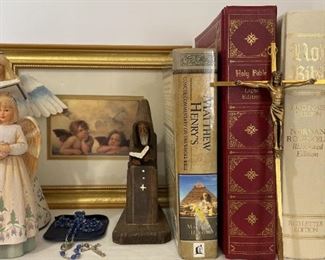 Decorative Christian Decor Framed Artwork, Angelic Figurines, Rosary, Bibles, And More