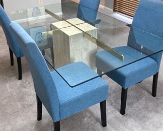 Dining Room Table 4 Upholstered Blue Chairs