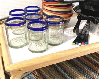 Glasses, 6 Bowls, 2 Striped Floor Mats, 1 MCM Fondue Set, 1 Breakfast In Bed Tray