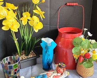 Red Blues Yellow Decor Includes A Clown, Flowers, Red Tin Bucket, Vases And More