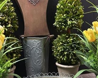 Spring Decor Faux Boxwood Topiary Pair, Faux Tulips In Metal Pots, Metal