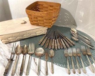 Stainless Steel Cutlery, 4 Blue Placemats, 1 Longaberger Basket