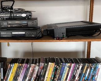 TV 19.5x17.5, Antenna, ATT Uverse And Remote, DVD Player, VHS Player, And Collection Of DVDS