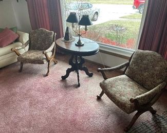 antique Lounge chairs and walnut lamp table