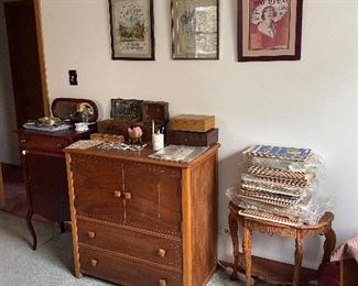 antique record cabinet/ sheet music cabinet, chest of drawers Armoire half moon table art deco framed prints