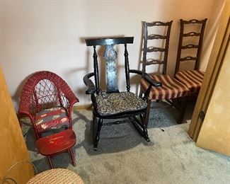 Cute antique child’s wicker rocking chair 2 narrow side chairs ladder back antique black antique rocking chair 