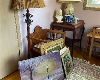 Vintage oil paintings original art wedgewood carved antique chair oriental lamp