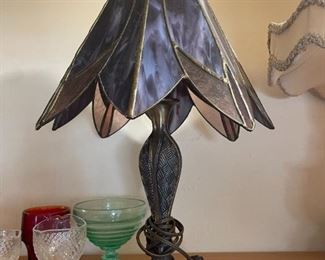 vintage purple stain glass lamp with unique pattern of shade. 