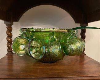 Green carnival glass punch set