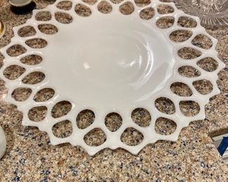 Antique Westmoreland Lattice Lace Cut Milk Glass serving plate